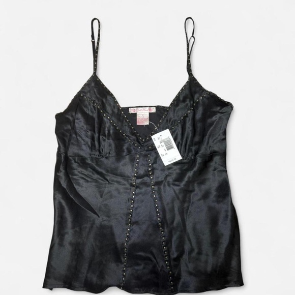 Y2K Elegant Black Satin Tank Top with Stud Accents - Picture 2 of 7